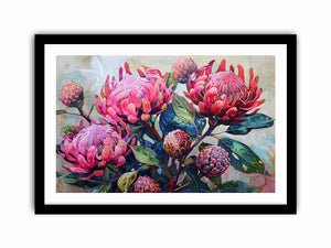 Pink waratah floral canvas art with native blooms and green leaves for modern home decor.