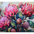 Pink waratah floral canvas art with native blooms and green leaves for modern home decor.