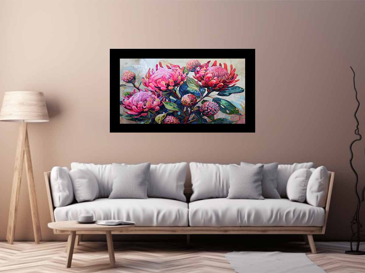 Pink waratah floral canvas art with native blooms and green leaves for modern home decor.