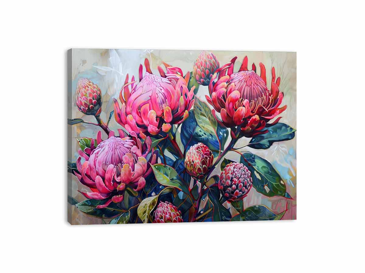 Pink waratah floral canvas art with native blooms and green leaves for modern home decor.