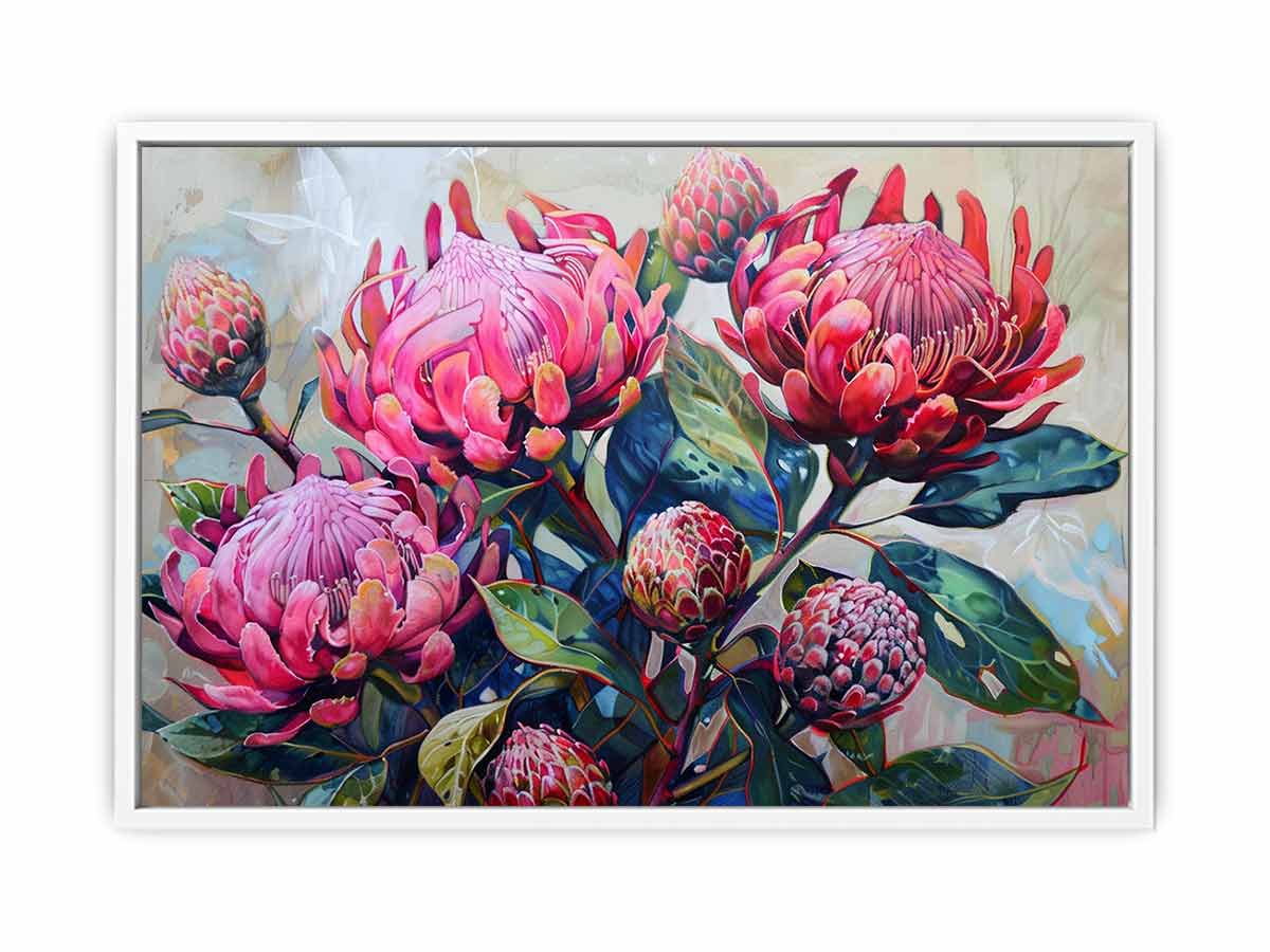 Pink waratah floral canvas art with native blooms and green leaves for modern home decor.