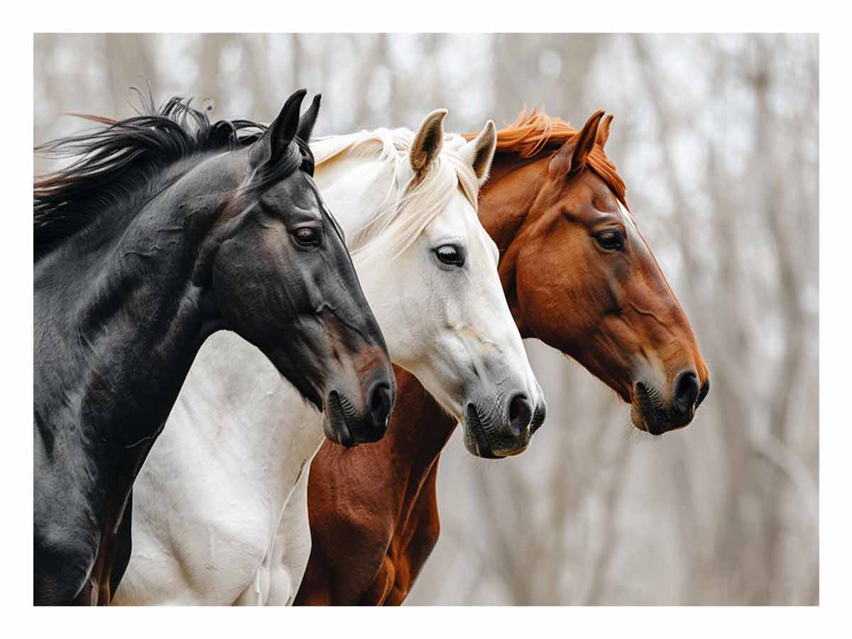 Three horses canvas art with black, white, and chestnut tones for rustic modern room decor.