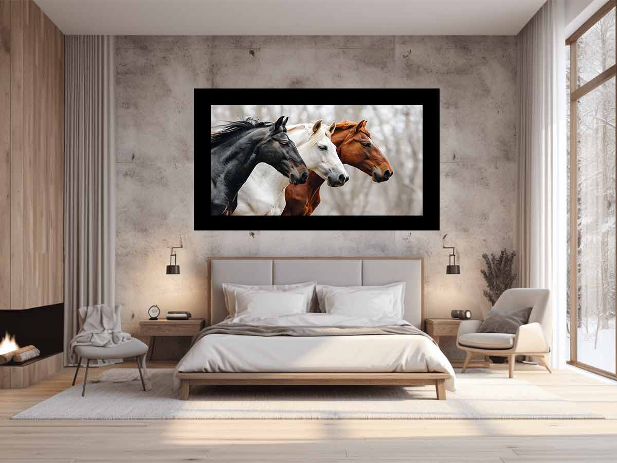 Three horses canvas art with black, white, and chestnut tones for rustic modern room decor.