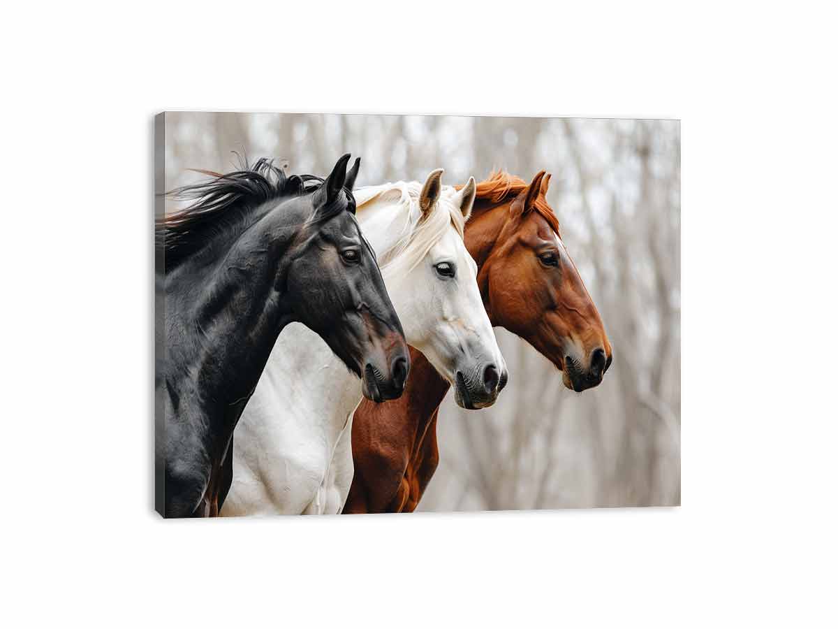 Three horses canvas art with black, white, and chestnut tones for rustic modern room decor.