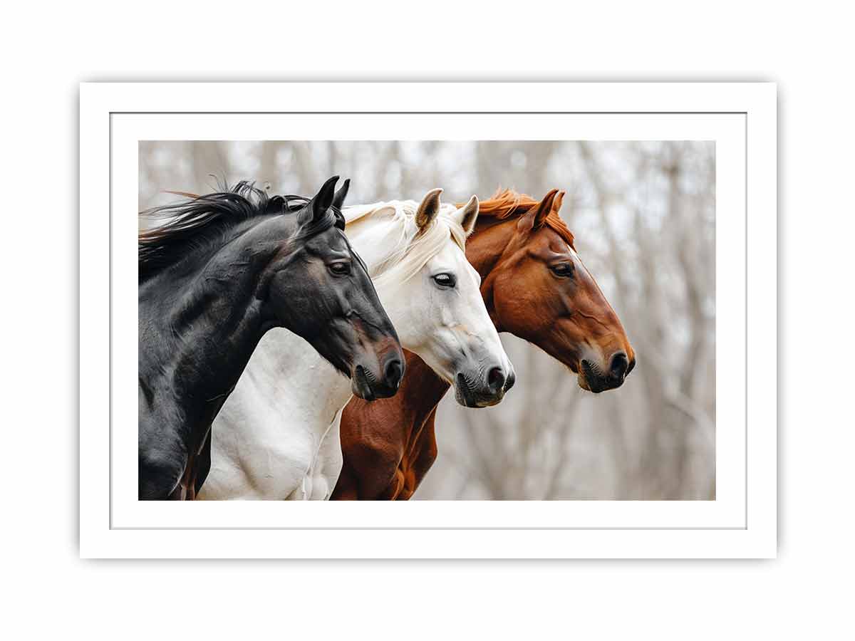 Three horses canvas art with black, white, and chestnut tones for rustic modern room decor.