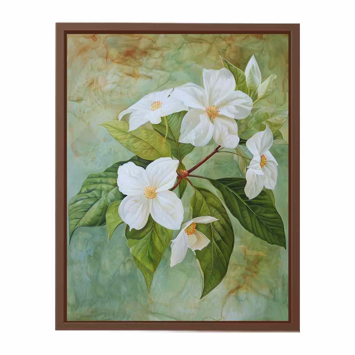 White floral botanical canvas art with sage green leaves for calm bedroom or bathroom decor.