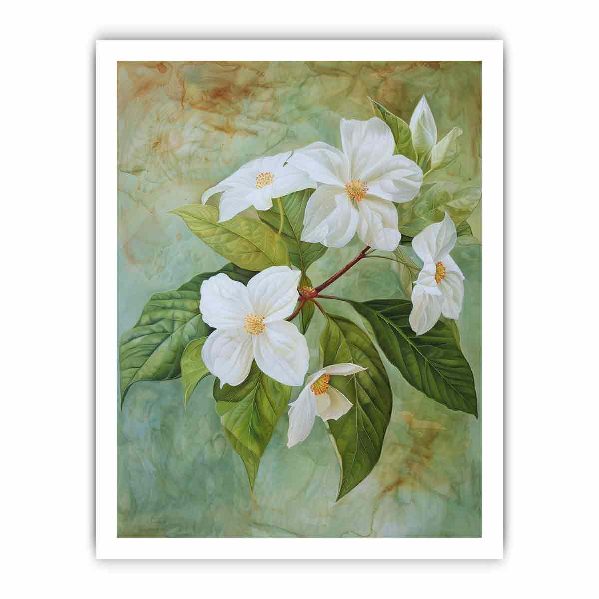 White floral botanical canvas art with sage green leaves for calm bedroom or bathroom decor.