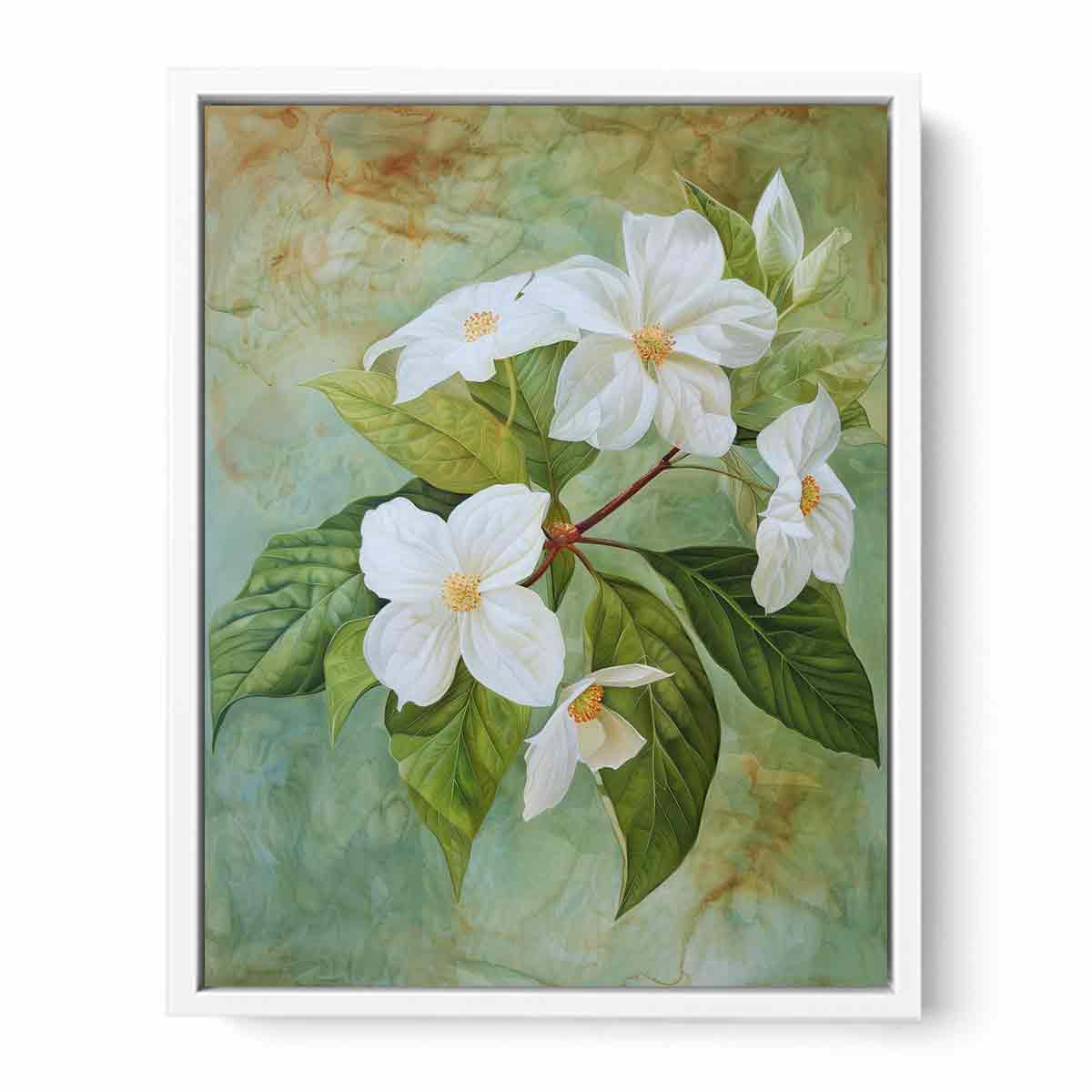 White floral botanical canvas art with sage green leaves for calm bedroom or bathroom decor.
