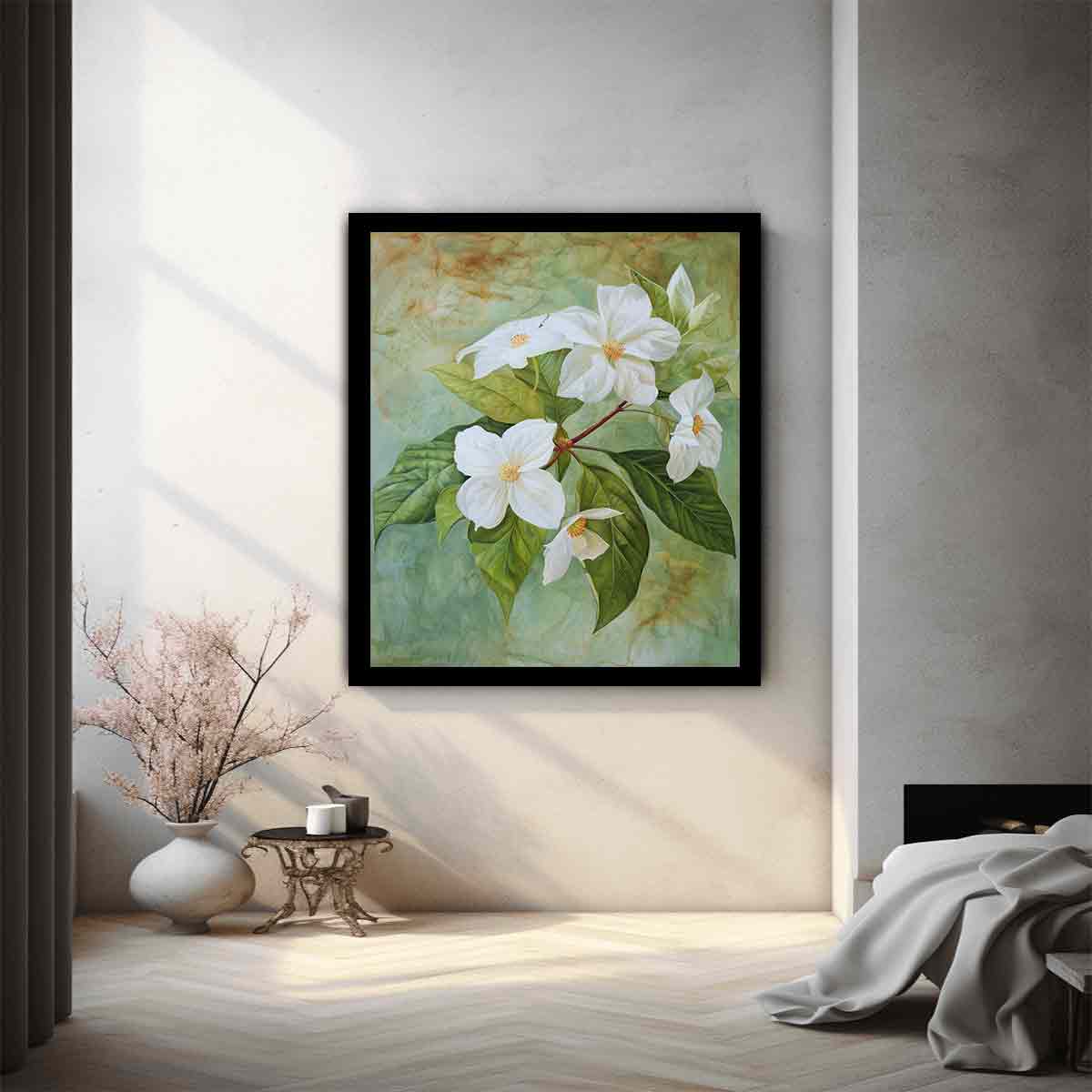 White floral botanical canvas art with sage green leaves for calm bedroom or bathroom decor.