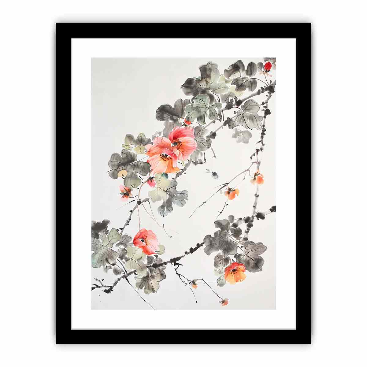 Asian watercolor floral canvas art with coral blossoms for serene hallway decor.