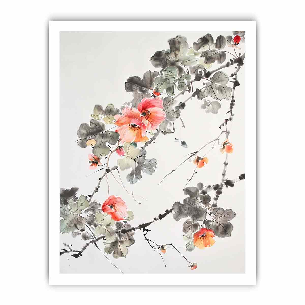 Asian watercolor floral canvas art with coral blossoms for serene hallway decor.