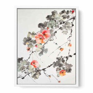 Asian watercolor floral canvas art with coral blossoms for serene hallway decor.