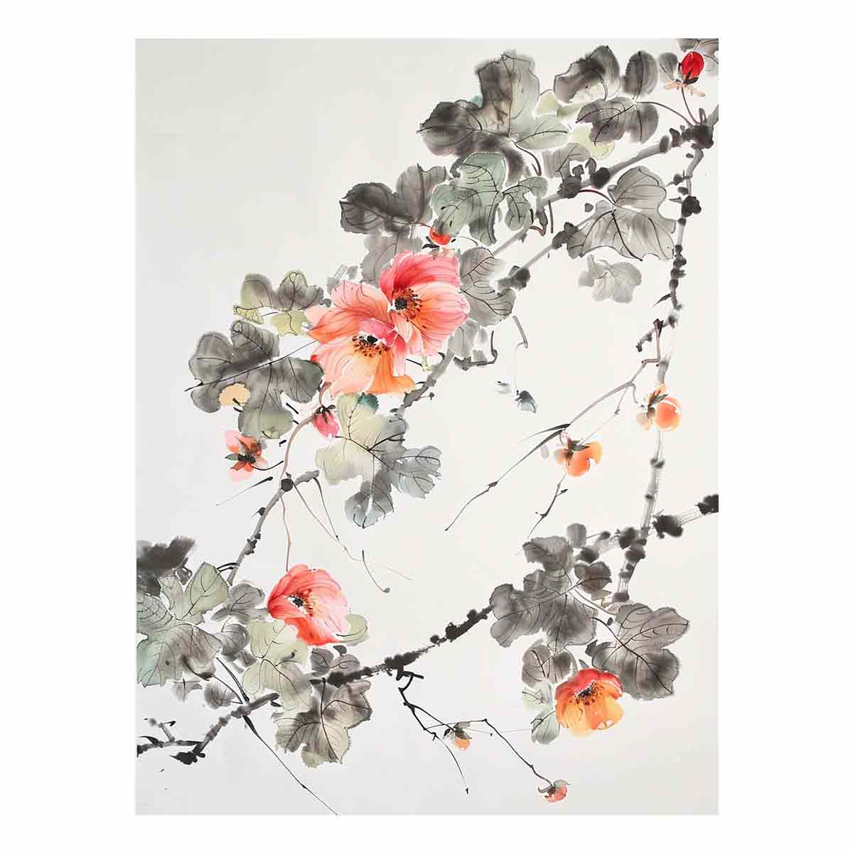 Asian watercolor floral canvas art with coral blossoms for serene hallway decor.