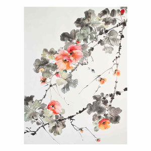 Asian watercolor floral canvas art with coral blossoms for serene hallway decor.
