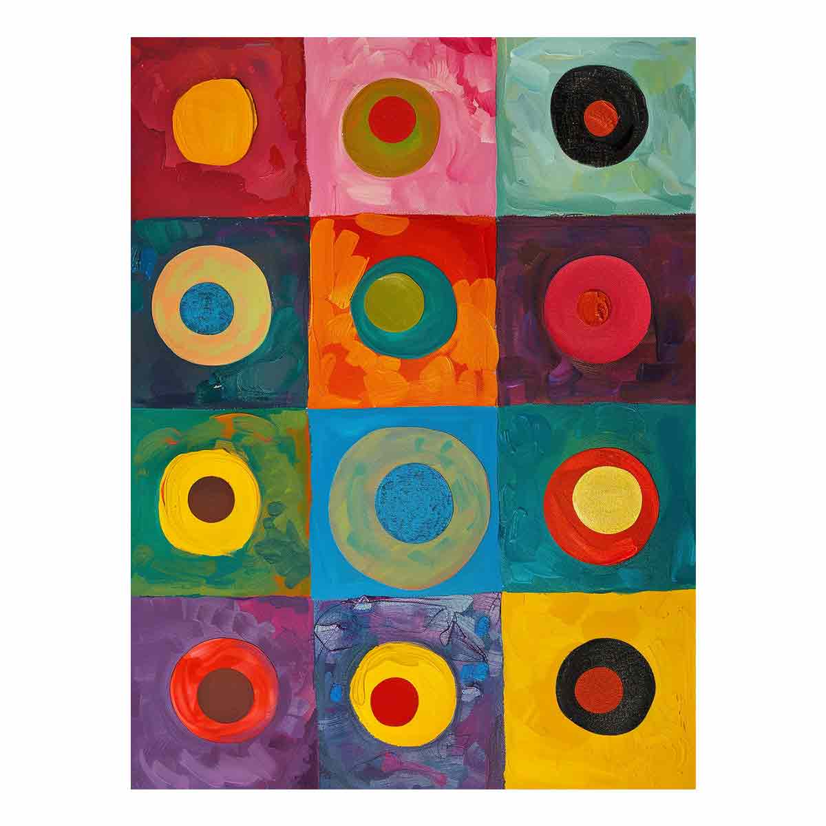 Colorful retro abstract grid canvas art with circles for creative room decor.