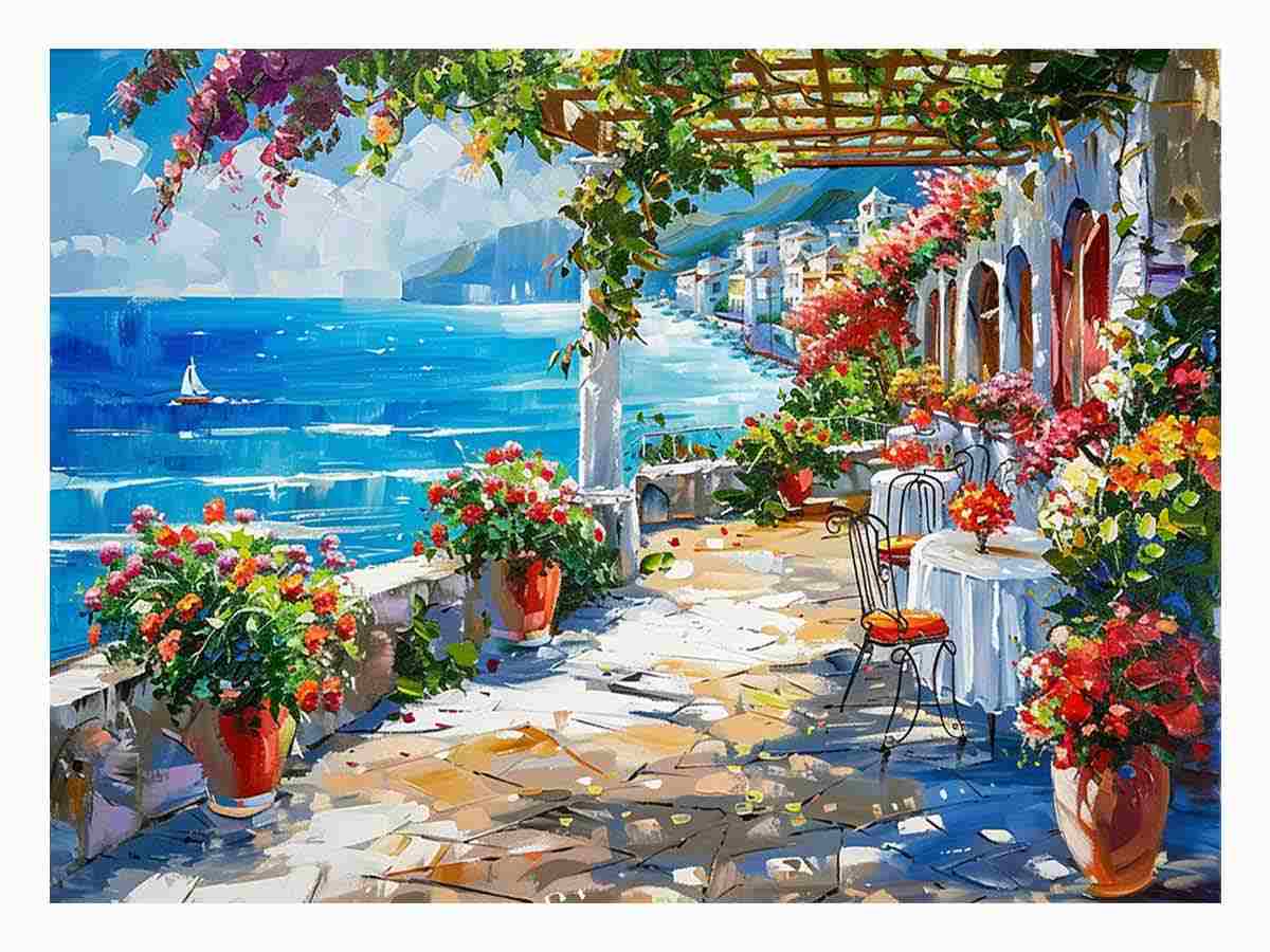 Mediterranean coastal terrace canvas art with ocean view for living room decor.