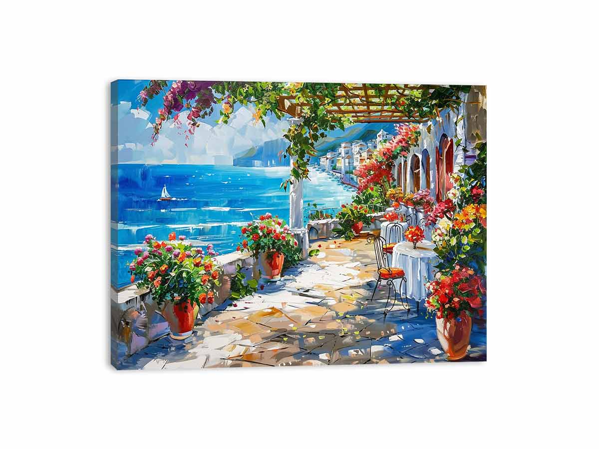 Mediterranean coastal terrace canvas art with ocean view for living room decor.