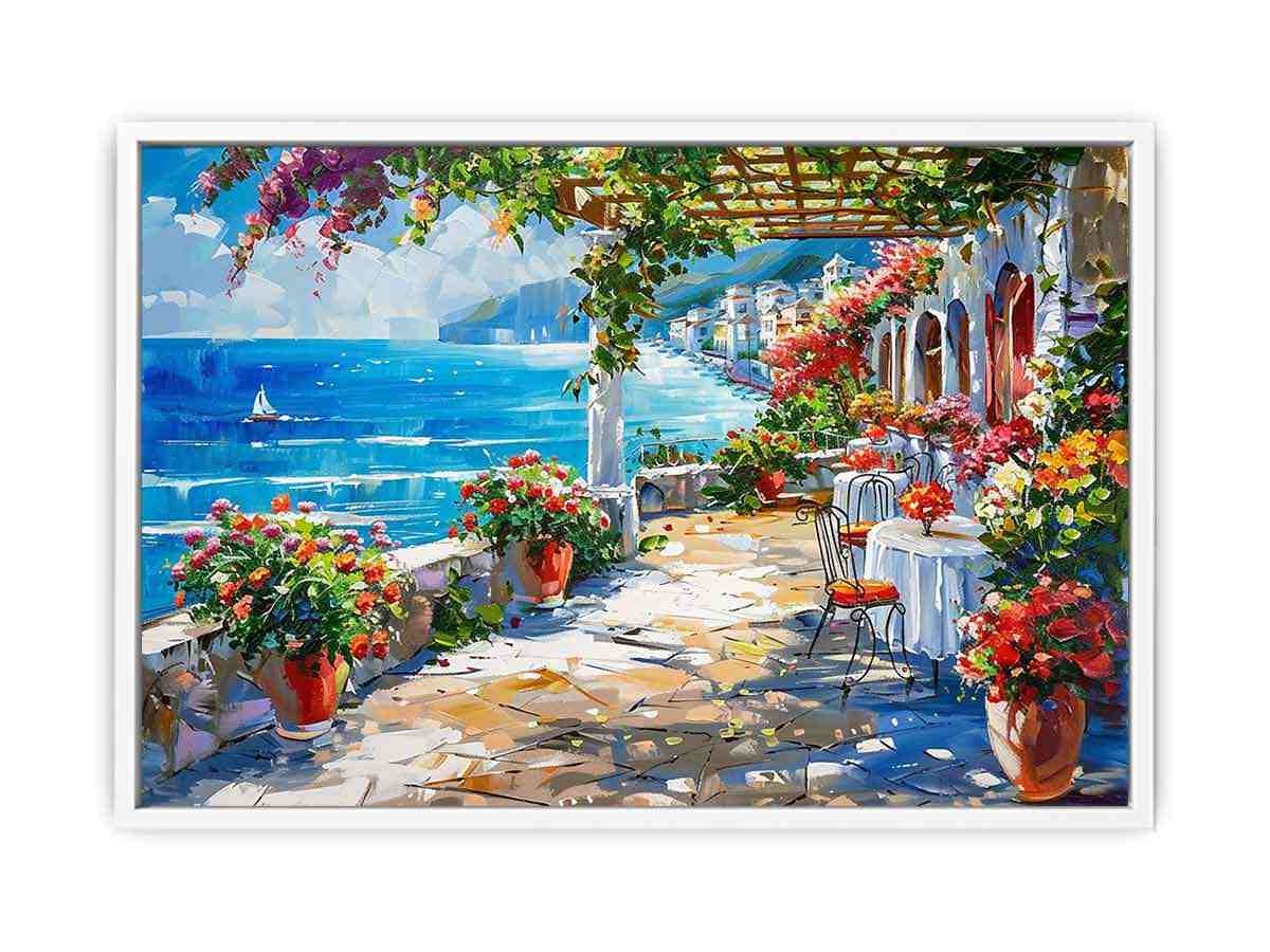 Mediterranean coastal terrace canvas art with ocean view for living room decor.