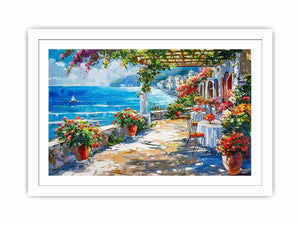 Mediterranean coastal terrace canvas art with ocean view for living room decor.