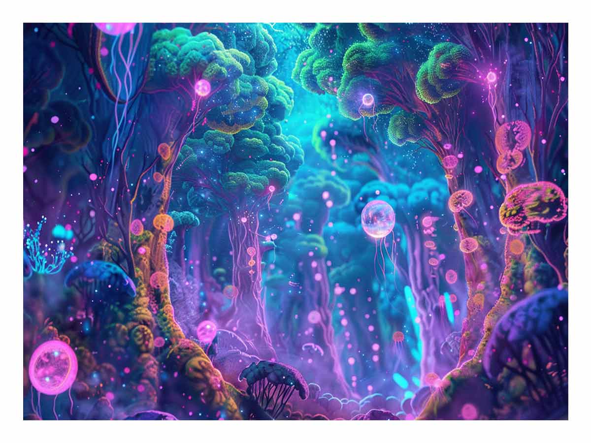 Neon fantasy forest canvas art with glowing fungi for dramatic bedroom decor.