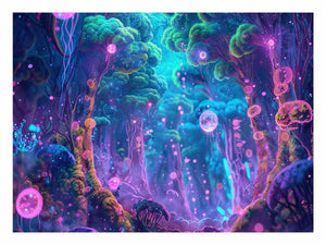 Neon fantasy forest canvas art with glowing fungi for dramatic bedroom decor.
