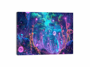 Neon fantasy forest canvas art with glowing fungi for dramatic bedroom decor.