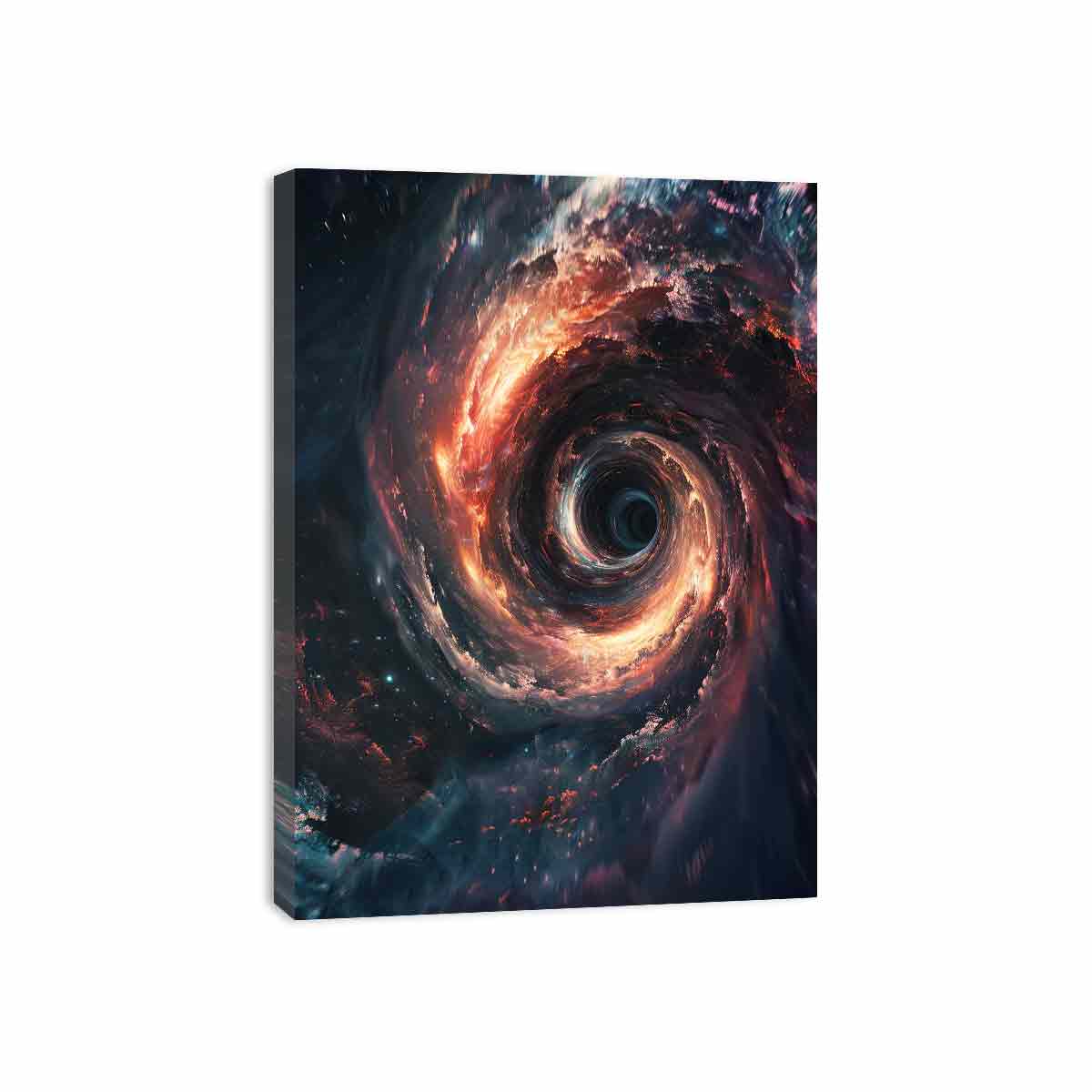 Dark space vortex canvas print with fiery light for modern media room decor.