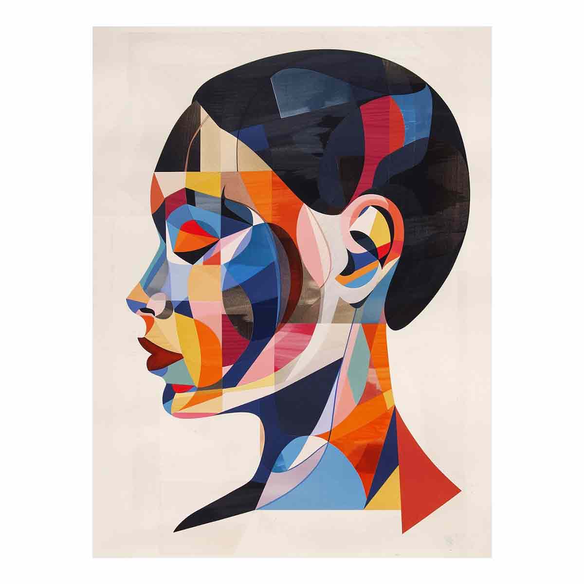 Geometric cubist woman portrait canvas art for modern living room decor.