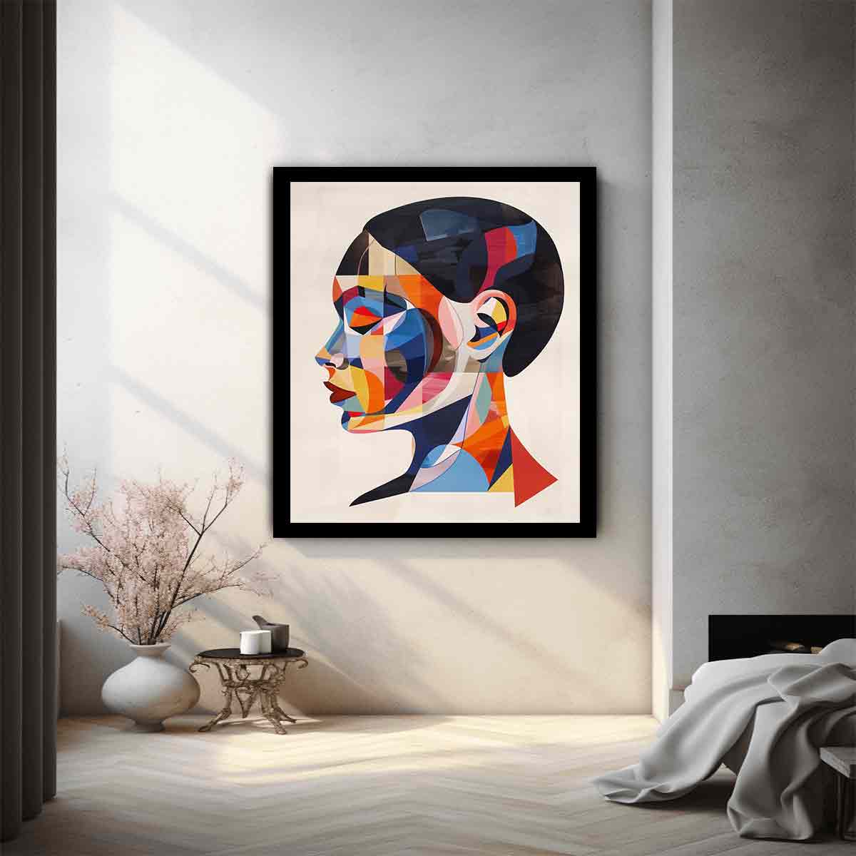 Geometric cubist woman portrait canvas art for modern living room decor.