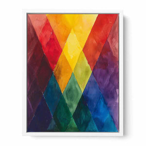 Rainbow geometric diamond canvas art for colorful modern office decor.