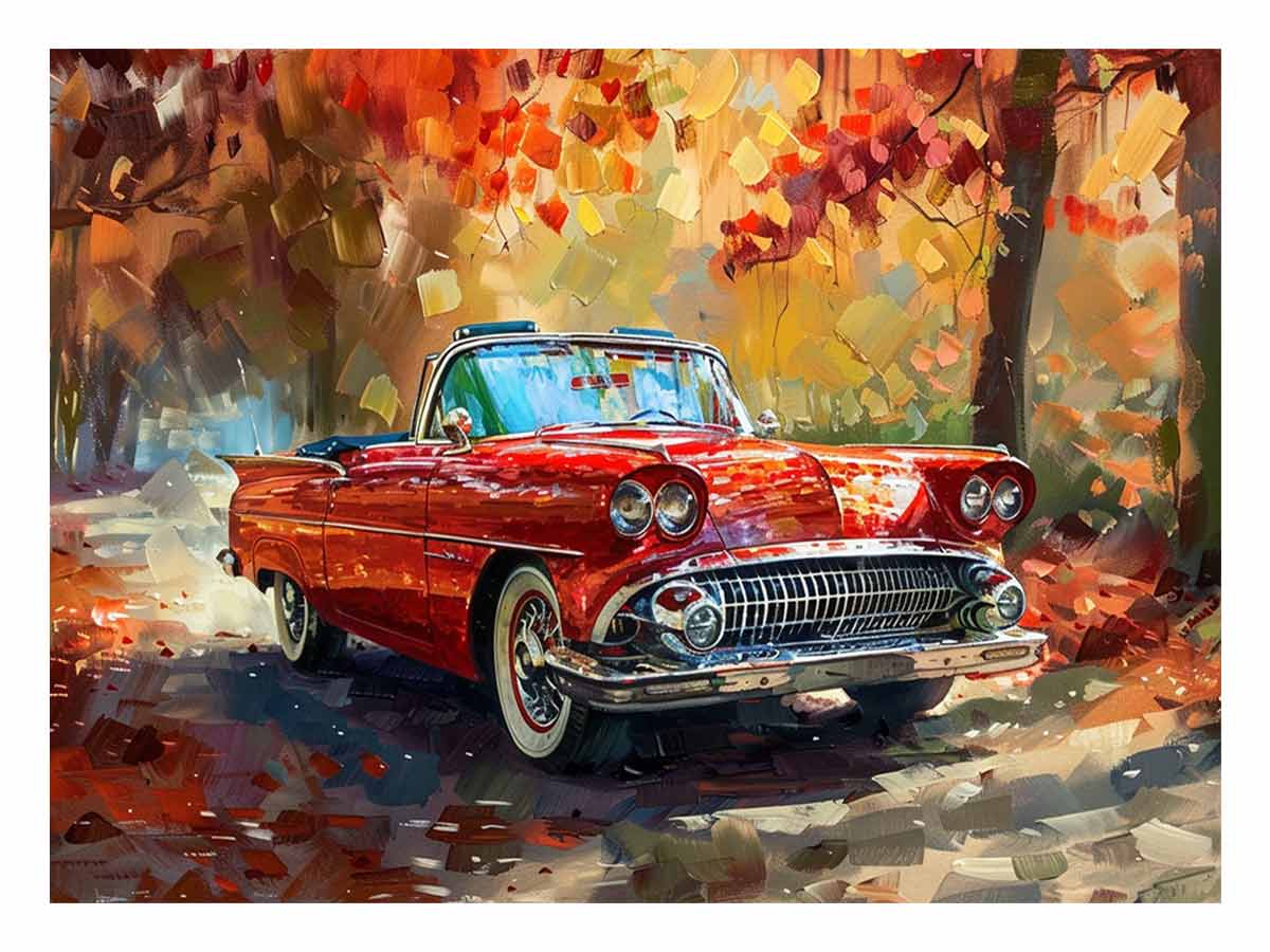 Red vintage convertible canvas art for classic car mancave wall decor.