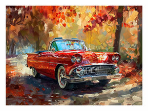 Red vintage convertible canvas art for classic car mancave wall decor.