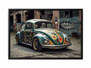 Colorful vintage beetle car wall art with graffiti street style for eclectic room decor.
