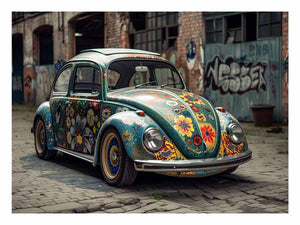 Colorful vintage beetle car wall art with graffiti street style for eclectic room decor.