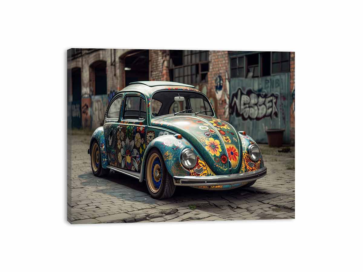 Colorful vintage beetle car wall art with graffiti street style for eclectic room decor.