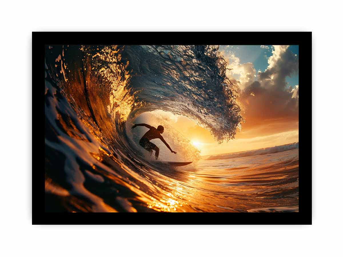 Surfer inside glowing sunset ocean wave canvas art for coastal living room decor.