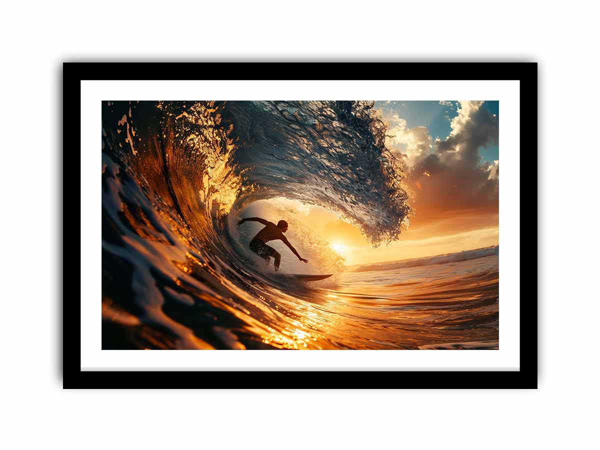 Surfer inside glowing sunset ocean wave canvas art for coastal living room decor.