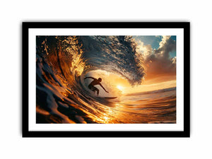 Surfer inside glowing sunset ocean wave canvas art for coastal living room decor.