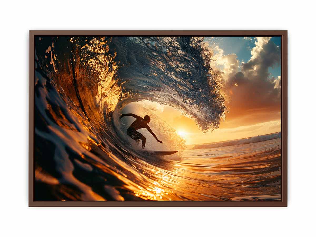 Surfer inside glowing sunset ocean wave canvas art for coastal living room decor.