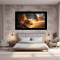 Surfer inside glowing sunset ocean wave canvas art for coastal living room decor.
