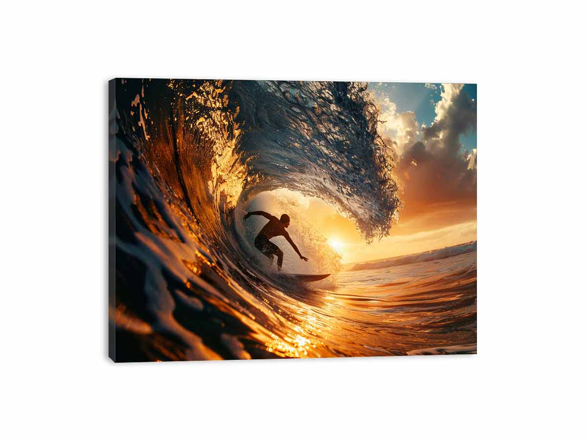 Surfer inside glowing sunset ocean wave canvas art for coastal living room decor.