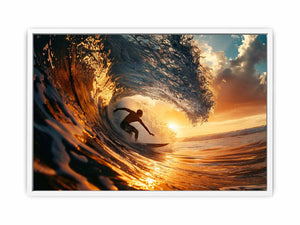 Surfer inside glowing sunset ocean wave canvas art for coastal living room decor.