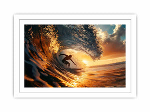Surfer inside glowing sunset ocean wave canvas art for coastal living room decor.
