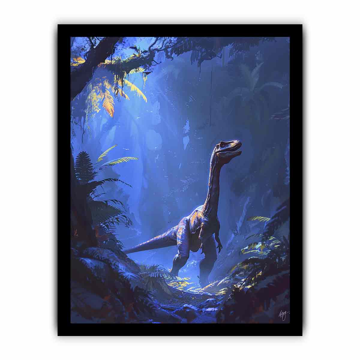 Blue moonlit dinosaur jungle canvas art for kids room or adventurous bedroom decor.
