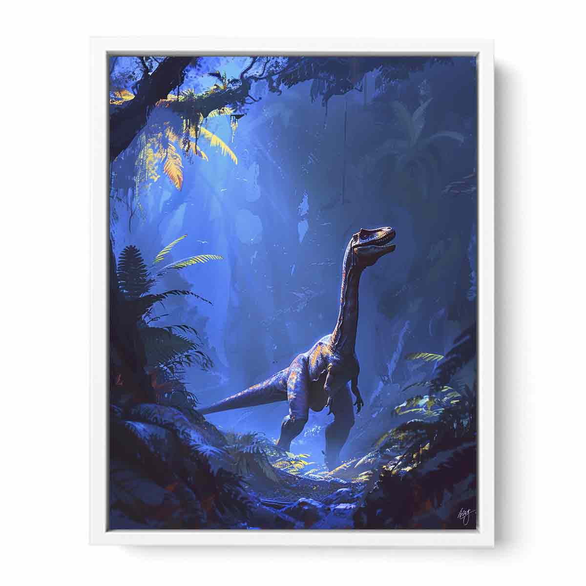 Blue moonlit dinosaur jungle canvas art for kids room or adventurous bedroom decor.