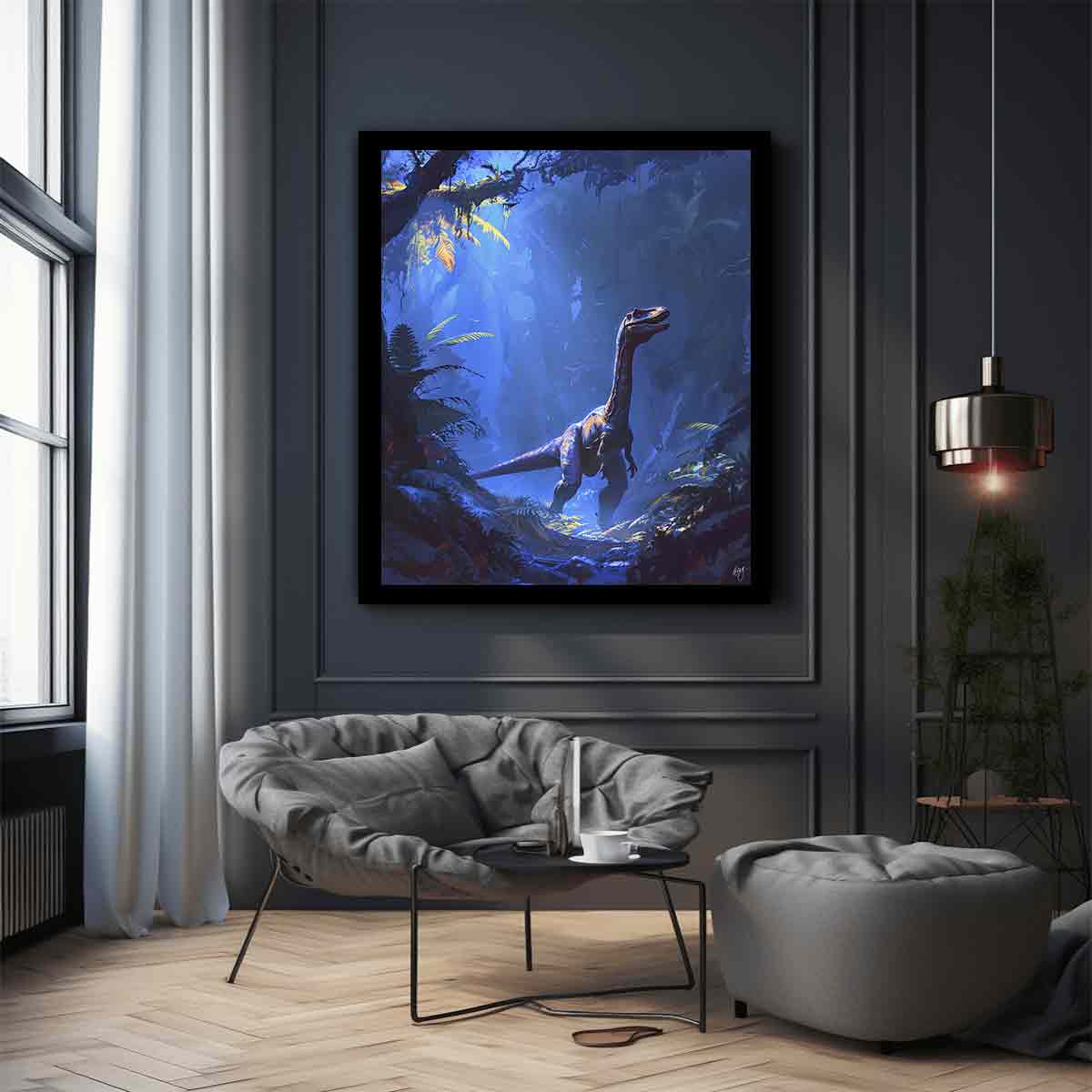 Blue moonlit dinosaur jungle canvas art for kids room or adventurous bedroom decor.