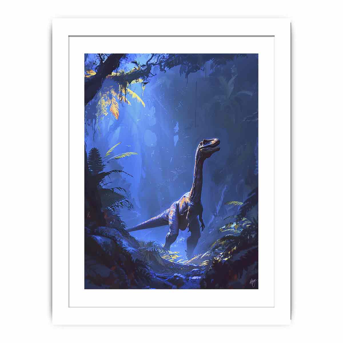 Blue moonlit dinosaur jungle canvas art for kids room or adventurous bedroom decor.