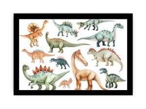 Watercolor dinosaur illustration canvas art for nursery, kids room, or playful bedroom decor.