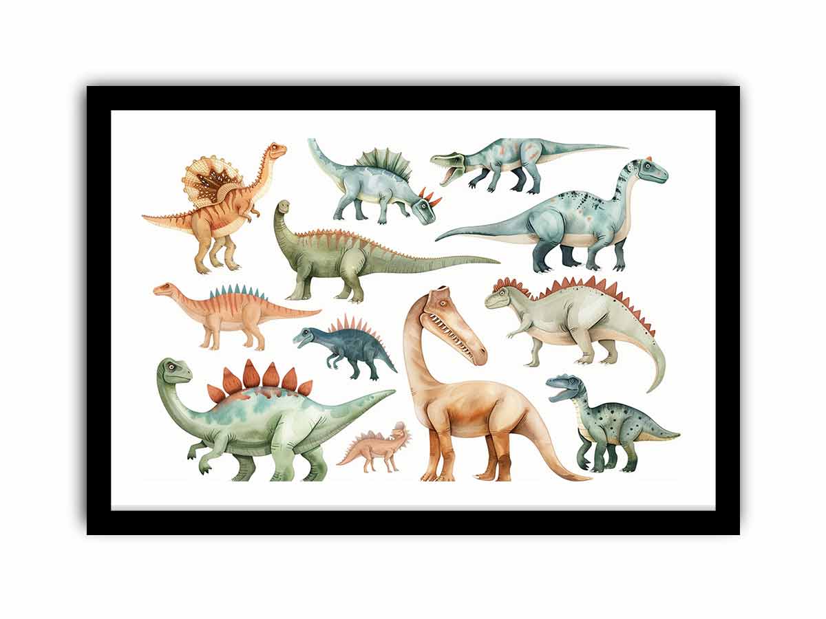 Watercolor dinosaur illustration canvas art for nursery, kids room, or playful bedroom decor.