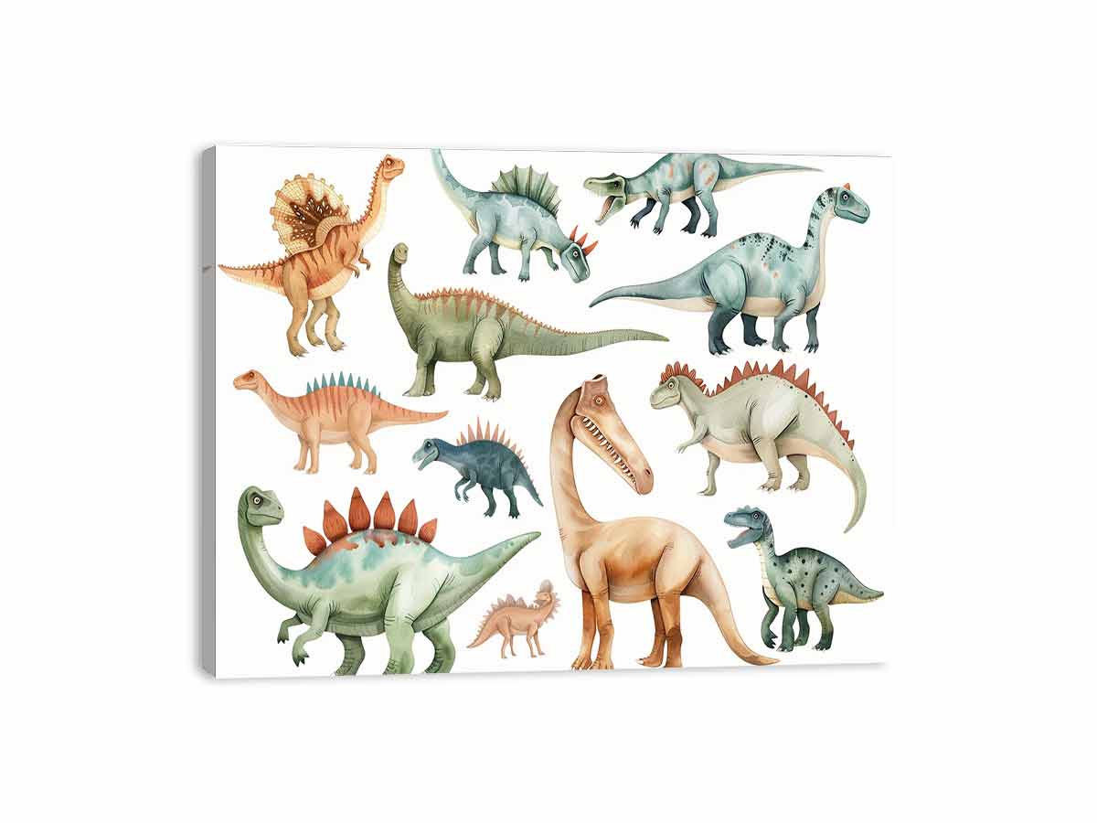 Watercolor dinosaur illustration canvas art for nursery, kids room, or playful bedroom decor.